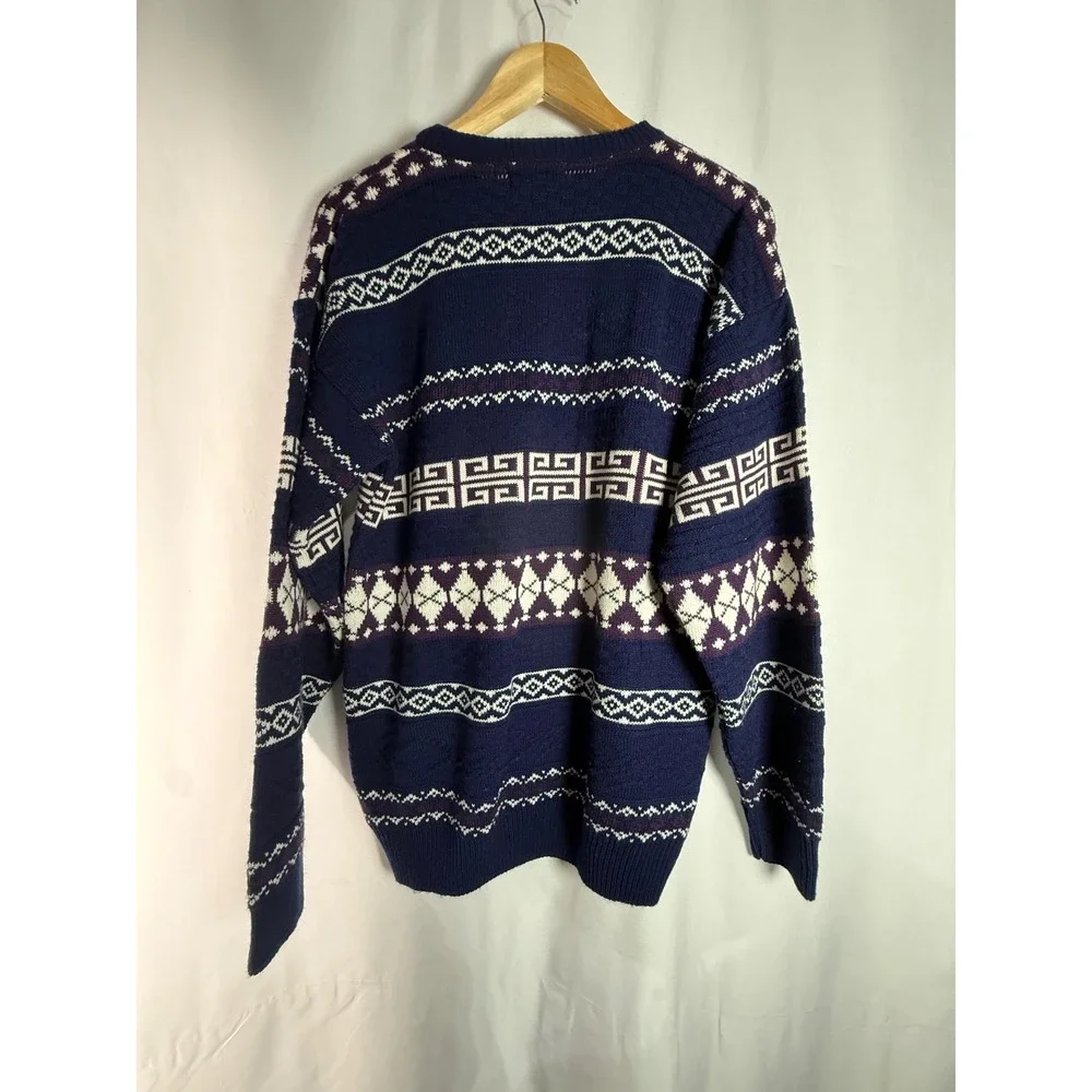 Vintage Whitefish Bay Mens Blue Geometric Fair Isle Knit Sweater‎ Size M Hungary
